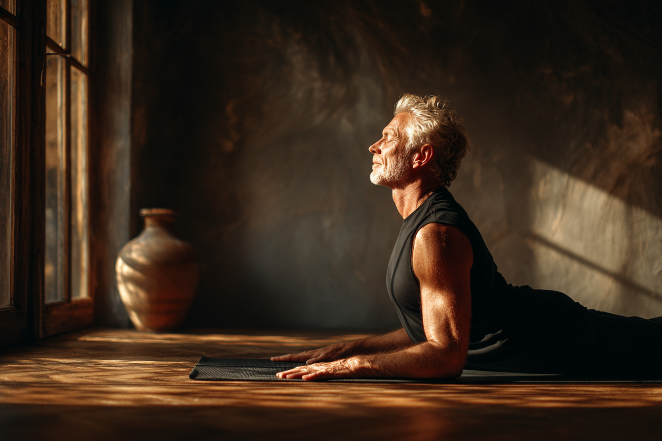 Інструктор допомагає літній жінці виконувати вправу йоги